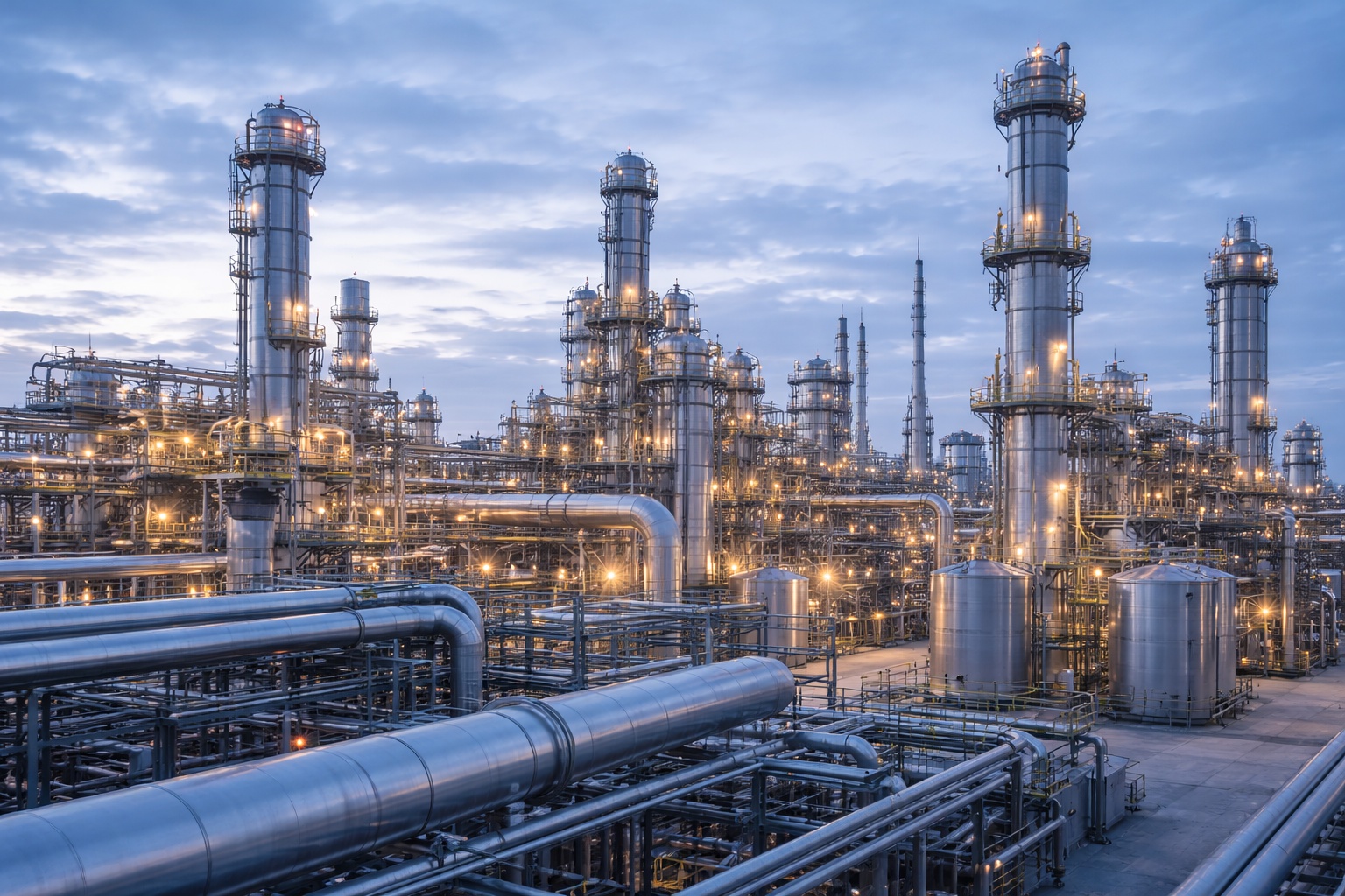 Large industrial facility with piping systems and process columns at dusk, presented in an elegant, stock-style aesthetic as an illustration for the topic Resistance temperature sensors in industrial systems.
