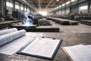 Wymagania ISO 3834 dla zakładów produkcyjnych przedstawione w realistycznym ujęciu hali produkcyjnej z dokumentacją technologiczną i stanowiskiem spawalniczym w tle.