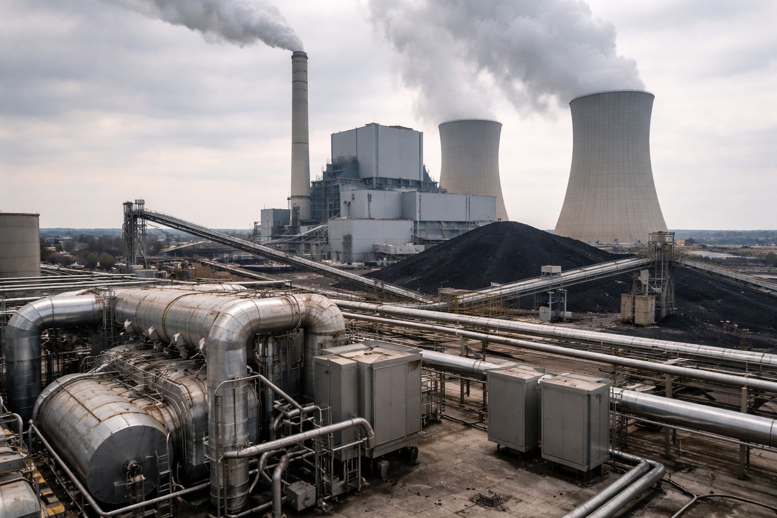 Coal-fired power plant efficiency – modern generating unit with a cooling system and boiler installation