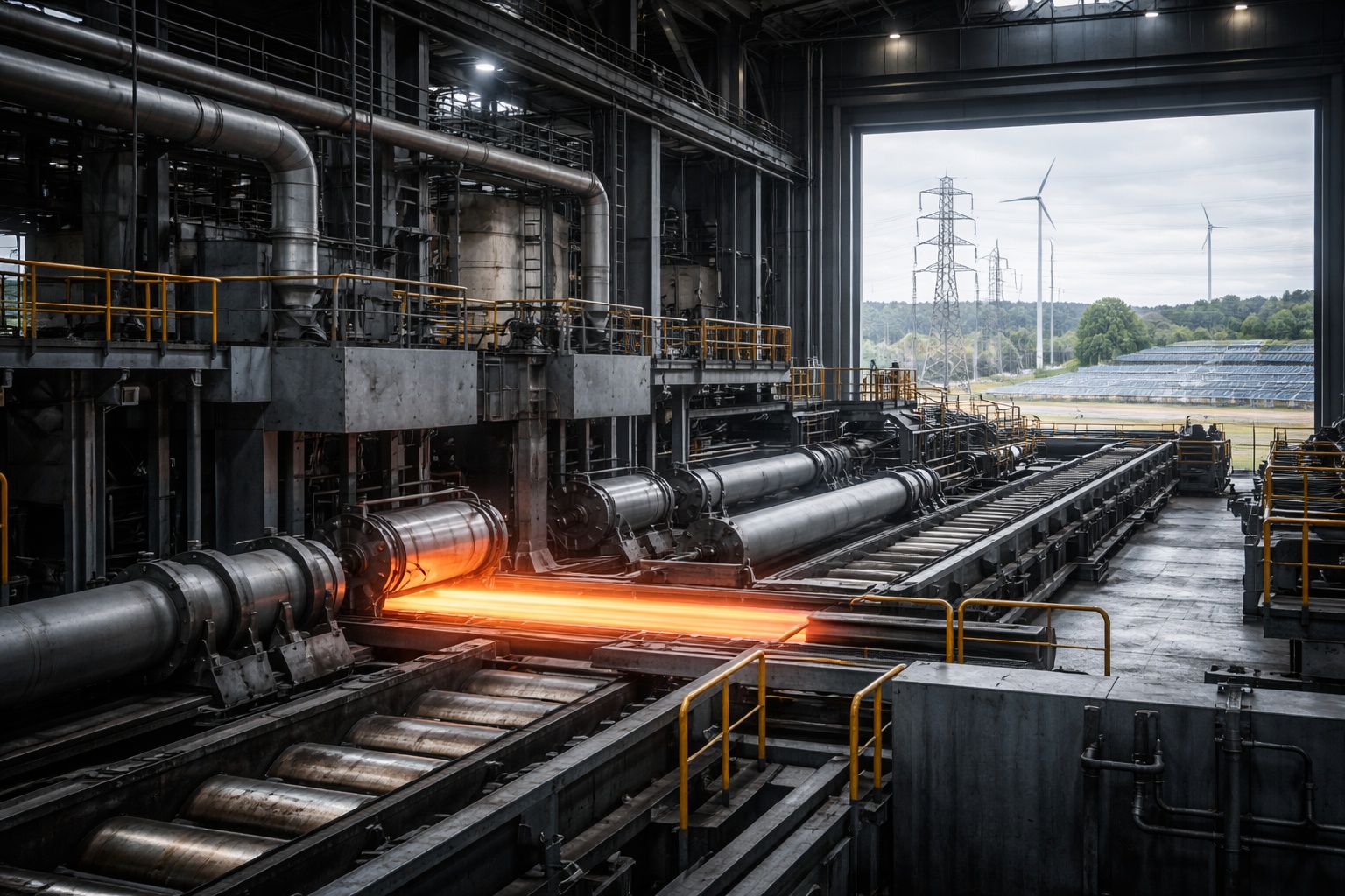 Egy modern kohászati csarnok acélmegmunkáló sorral és az energiaellátó infrastruktúrával a háttérben, amely bemutatja a kohászati ipar és az energetikai átállás közötti kapcsolatot.
