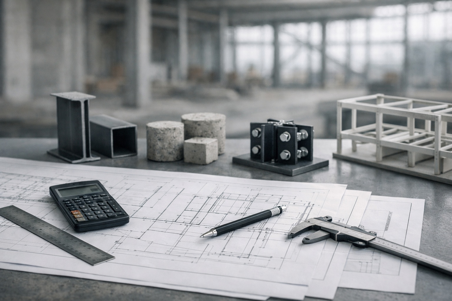 Design table with structural drawings, engineering tools, and material details against the backdrop of a raw building structure, showing the fundamentals of structural design according to EN 1990