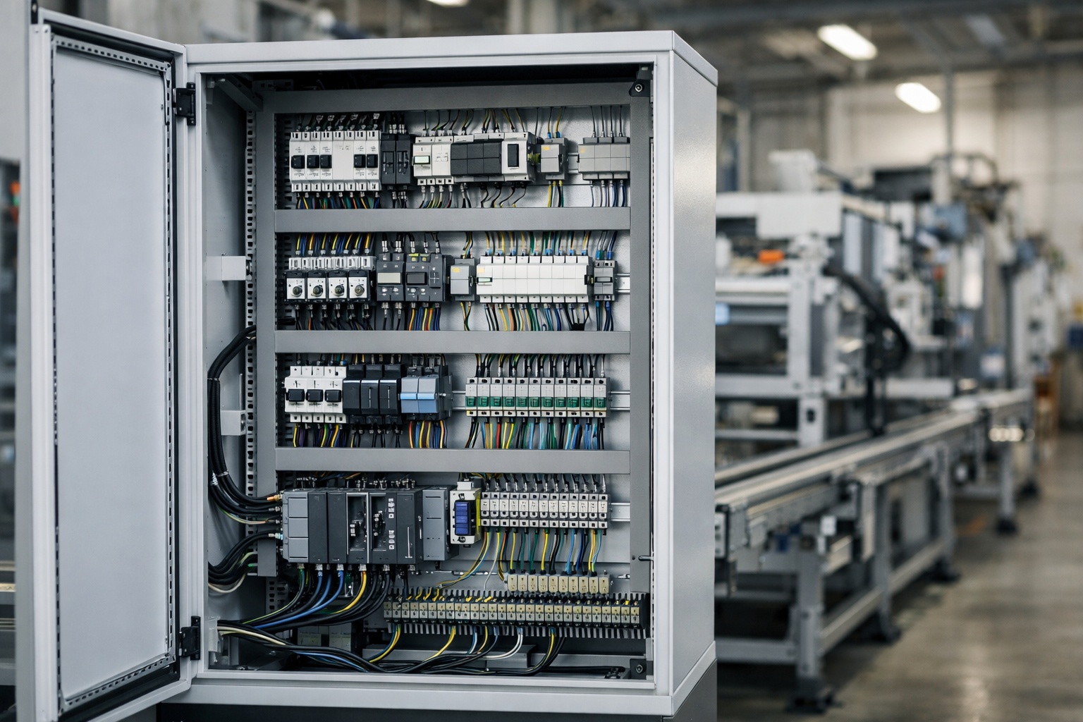 Przemysłowa szafa sterownicza w hali produkcyjnej – EN 60204-1 bezpieczeństwo elektryczne maszyn przemysłowych