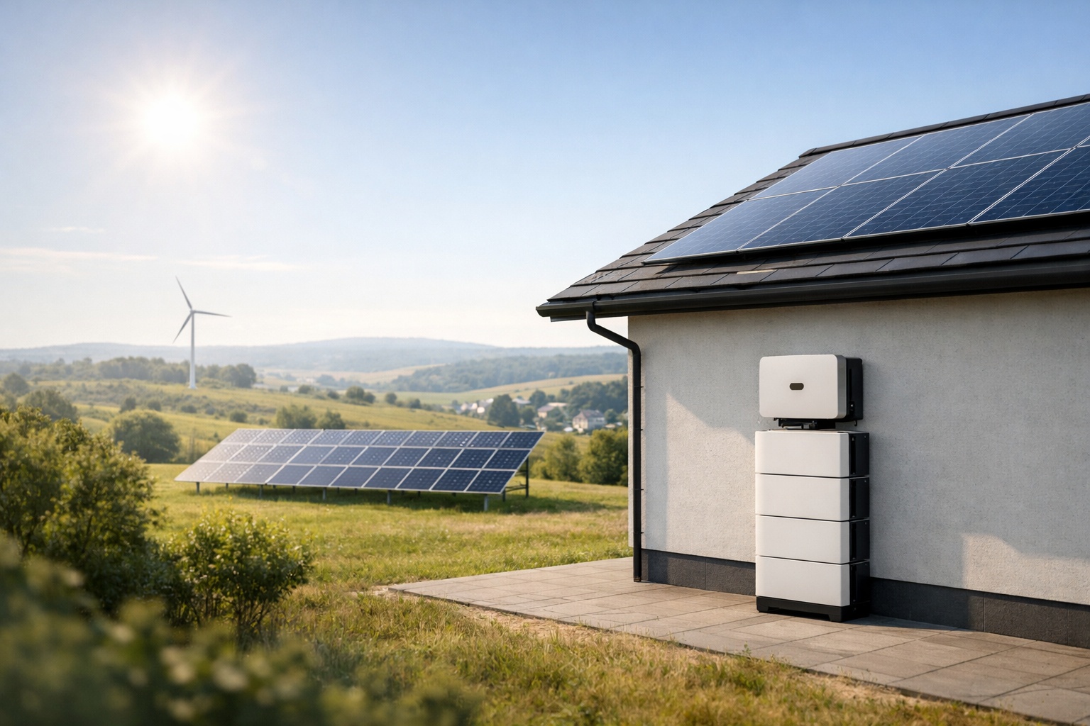Magazyn energii przy nowoczesnym domu z instalacją fotowoltaiczną, ujęcie z dalszej perspektywy w realistycznym, stockowym stylu, pokazujące system Huawei LUNA2000 jako element domowego ekosystemu PV.