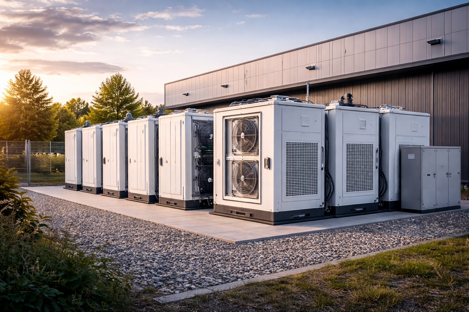 Przemysłowy magazyn energii w kontenerach bateryjnych obok hali produkcyjnej – instalacja systemu storage dla infrastruktury energetycznej