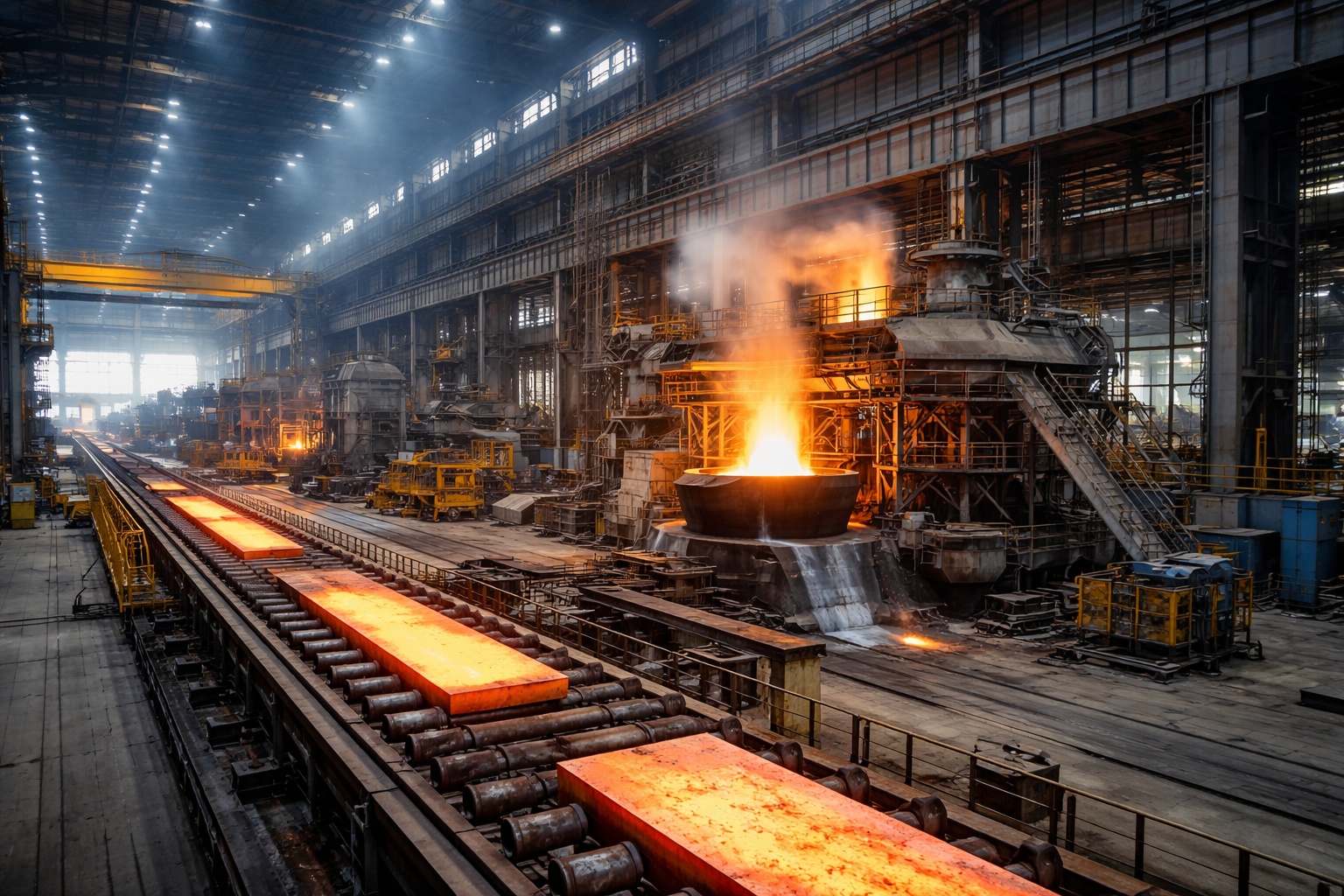 Hala stalowni z linią technologiczną i ciekłą stalą – nowoczesne procesy metalurgiczne w produkcji stali