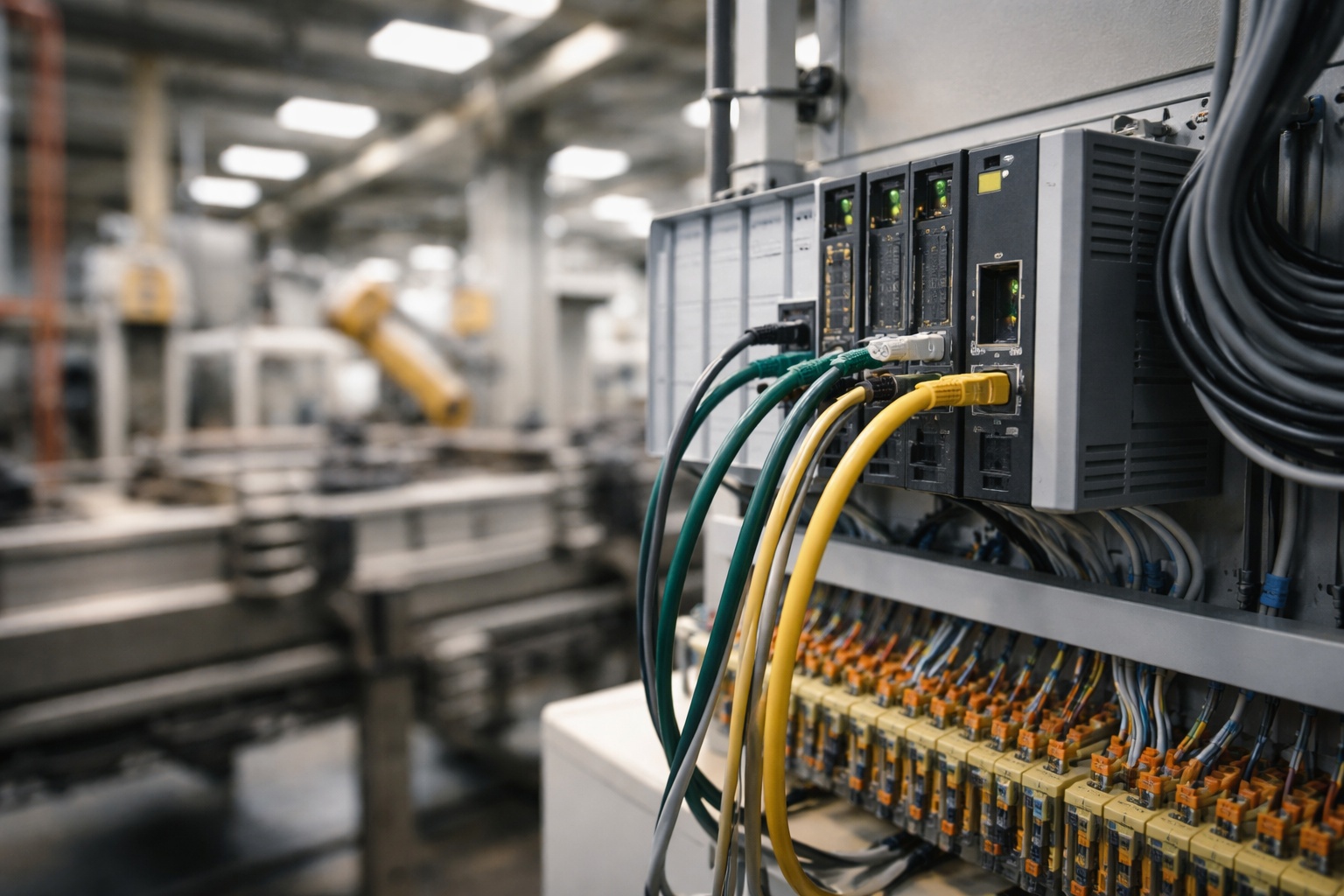 Sterownik PLC i przemysłowe przewody komunikacyjne w hali produkcyjnej – protokoły komunikacyjne w automatyce przemysłowej